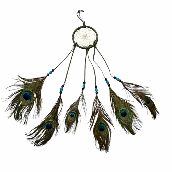 Handmade Sage Green Peacock Feather Hanging Dreamcatcher - Picture 3 of 14